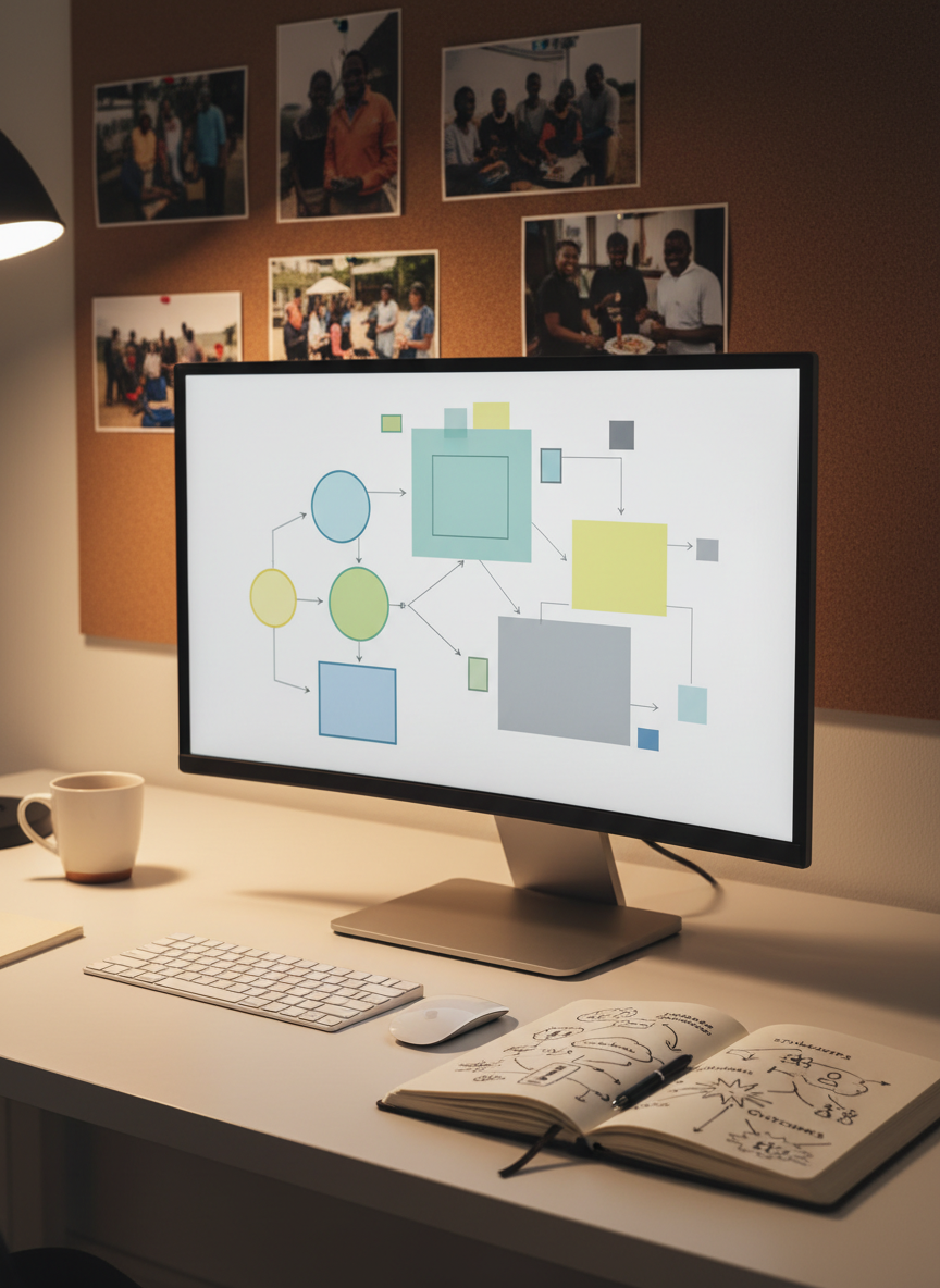 An elegant, minimalist workspace featuring a wide monitor displaying an open messaging framework diagram made of simple shapes and color blocks with no readable text, next to an open notebook filled with hand-drawn arrows and icons linking stakeholders, channels, and outcomes. A corkboard on the wall holds pinned photos of community projects and NGO fieldwork, deliberately blurred. Warm, indirect studio lighting creates a calm, focused glow, with highlights on the screen edges and soft shadows under the desk items. Shot from a three-quarter angle with balanced composition, the photographic image suggests thoughtful strategic communications planning and narrative development without showing any people.