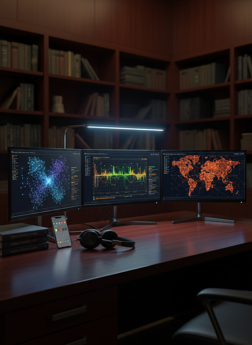 A polished media relations control center: a dark wood desk with three ultra-thin monitors displaying abstract dashboards of media mentions, timelines, and coverage maps with no legible text. Beside the monitors, neatly stacked media lists, a smartphone showing a calendar, and a pair of sleek noise-cancelling headphones rest on the surface. Behind the desk, shelves hold books on communications and storytelling, their titles softly out of focus. Cool, focused task lighting from a desk lamp contrasts with dim ambient room light, adding a sense of intensity and precision. Captured from a slightly elevated angle in photographic realism, the scene feels analytical yet creative, evoking proactive media strategy and monitoring for impact.