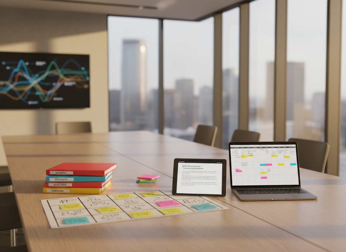A large, clean wooden conference table covered in neatly arranged communication artifacts: color-coded briefing folders, a storyboard made of sticky-note sketches, a tablet showing a draft press release, and a laptop displaying an editorial calendar grid. In the background, a glass wall reveals a blurred cityscape and a wall-mounted screen with abstract, non-readable charts suggesting media impact. Soft afternoon daylight streams through tall windows, creating gentle reflections on the glass and table surface. Photographic realism at eye level, with a shallow depth of field that keeps the objects in sharp focus while the room recedes into a soft bokeh, conveying a professional, strategic, and organized atmosphere tailored to decision-makers.