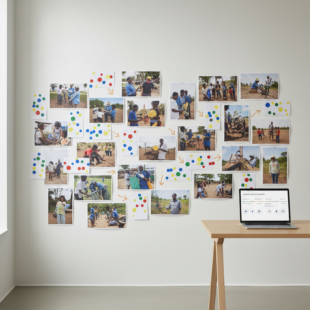 A collaborative storytelling planning wall in a modern office, covered with large printed stills from documentary-style footage of communities and NGOs at work, interspersed with index cards bearing color-coded dots and arrows instead of words. A slim laptop on a nearby standing desk shows a timeline of a multimedia campaign with icons for video, audio, and articles. Soft, overcast daylight filters through nearby windows, giving even, neutral illumination and gentle shadows that highlight texture in the paper and wall surface. Photographed straight-on with sharp focus and a slightly wide frame, the image communicates narrative structure, content packaging, and campaign strategy in a tangible, tactile way.